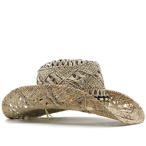 Handwoven western cowboy straw hat with beaded trim and breathable hollow weave design