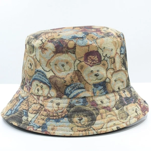 Close-up of retro jacquard fabric with all-over bear pattern on bucket hat