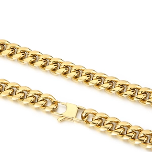 Polished golden 10mm stainless steel Cuban link necklace with a secure buckle clasp