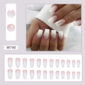White ombre ballet style false nails with pink glitter gradient and square tips