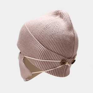 Winter knitted beanie and mask set in dusty pink with wooden side buttons