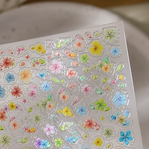3D floral embossed nail art stickers with colorful hand-painted flowers on transparent film