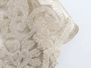 Dettaglio macro di ricamo francese bianco su pizzo con eleganti motivi floreali
