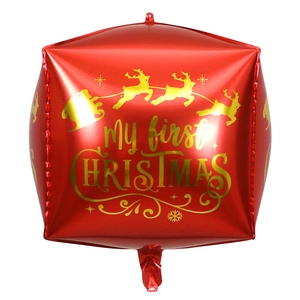 Detail of red and gold 4D cube balloon with My First Christmas print and reindeer