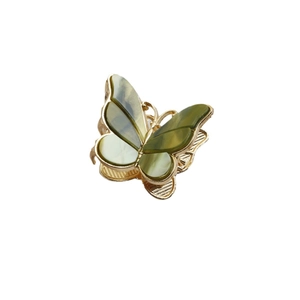 Vintage golden double-layered butterfly hair claw clip with emerald green enamel inlay