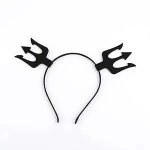 Classic black Halloween devil headband with symmetrical trident horns on white background