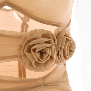 Vue détaillée des fleurs 3D en tissu sur la mini robe beige en mesh avec fronces