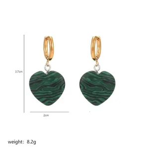 Malachite heart drop earrings with gold hoops showing dimensions 3.7cm by 2cm