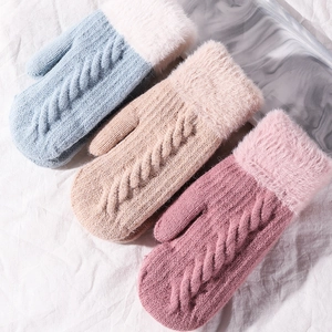 Women Winter Warm Mittens Cable Knit Fleece Lined Thickened Faux Fur Cuff Soft Thermal Handwear
