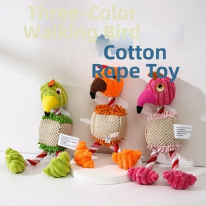 Three colorful bird-shaped cotton rope pet toys with corduroy heads and woven bodies