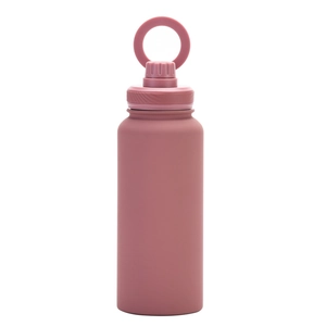 Detail of magnetic phone mount lid and large ring handle on lotus pink water bottle