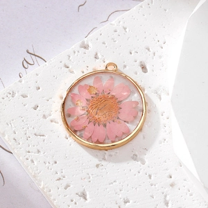 Pink daisy dried flower pendant with gold metal frame and foil flakes for DIY jewelry