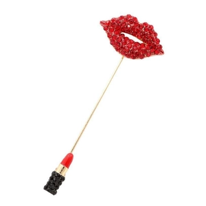 Fashion Red Lips Lipstick Long Stick Brooch Alloy Rhinestone Enamel Pin Jewelry Accessories Women Creative
