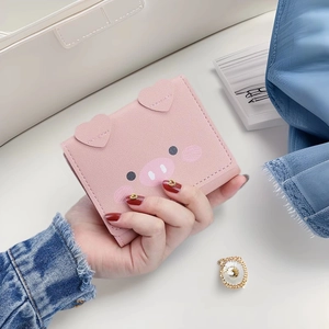 Cute Cartoon Pig Small Trifold Wallet For Women PU Leather Animal Coin Purse With Heart Ears Card Slots Student Wallet