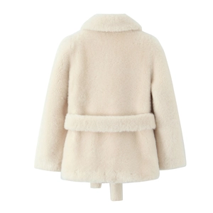 Back view of cream faux fur jacket featuring a plush texture and matching waist belt detail