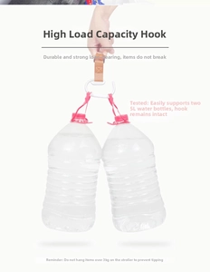 Universal leather stroller hook with large alloy carabiner showing high weight capacity