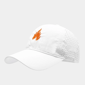 Detail of white mesh baseball cap featuring orange flame embroidery and laser-cut vents