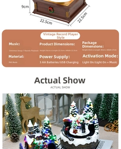 Close-up of vintage Christmas gramophone music box with LED lights and snow scene