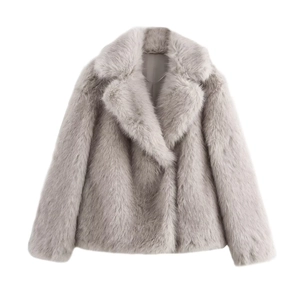 Detail view showing soft faux fur texture and large lapel design of the grey winter jacket