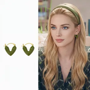Retro Heart V Shaped Hoop Earrings Copper Gold Plated Dark Green Enamel Drip Oil Vintage Jewelry For Women