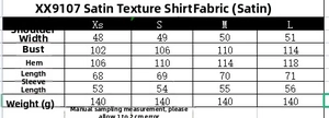 Tableau des tailles détaillé pour chemisier en satin à manches longues, tailles XS à L