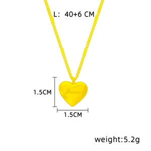 Detailed size chart of gold heart pendant necklace with Love engraving and measurements