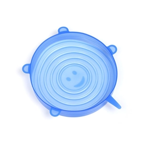 Blue silicone stretch lid with a smiley face and non-slip texture for food storage