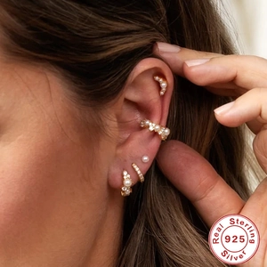 S925 Sterling Silver pearl and zircon earring set with hoops and studs on model