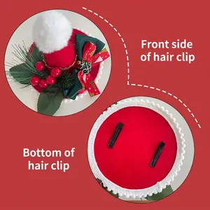 Christmas mini top hat hair clip with red suede base, plush balls and festive bow