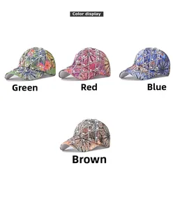 Floral baseball caps with sparkling rhinestones and pearl lattice patterns in four colors