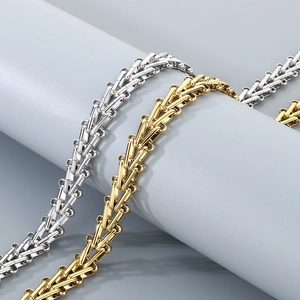 Detailed view of silver and gold stainless steel V-shape chains with geometric links