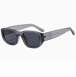 Detail view of model S1286 sunglasses with grey translucent frame and inner temple printing