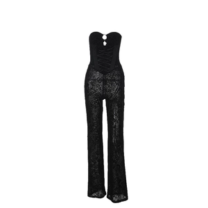 Women's black lace corset jumpsuit with strapless bodice and sheer wide leg pants