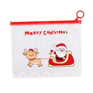 Frosted Christmas themed stationery bag with red zipper and cartoon Santa reindeer print