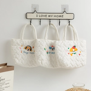 Quilted Heart Pattern Handbag Cute Cartoon Dog Embroidery Portable Tote Bag Daily Cosmetic Lunch Pouch For Women