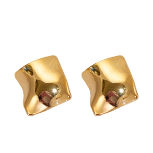 Minimalist gold plated wave pattern square earrings with irregular hammered texture finish