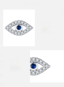 Detailed view of S925 sterling silver evil eye stud earrings with blue zirconia