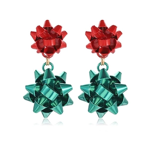Vintage red and green Christmas flower drop earrings with golden hooks for festive wear