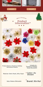 Close-up of glittery artificial poinsettia flowers for Christmas tree decoration