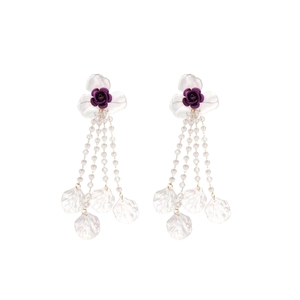 French vintage earrings with purple rose flowers and transparent beaded tassels on white background