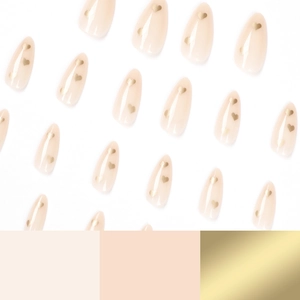 Almond-shaped nude press-on nails featuring minimalist gold heart patterns on a white background