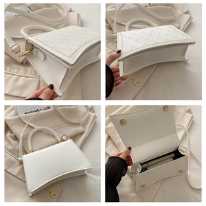 Detail shots of white quilted PU handbag with gold studs and woven handle