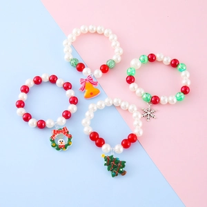 Kinder Weihnachten Imitationsperlen Künstliche Perlenarmband Weihnachtsmann Elch Schneeflocke Anhänger Elastisch Handgefertigter Schmuck