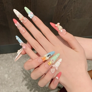 Handmade almond press-on nails featuring 3D bears and colorful macaron dopamine designs