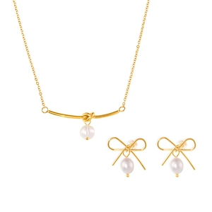 French style bowknot stud earrings and freshwater pearl knot necklace jewelry set