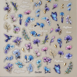 5D embossed nail stickers featuring purple flowers, butterflies and gold leaf accents