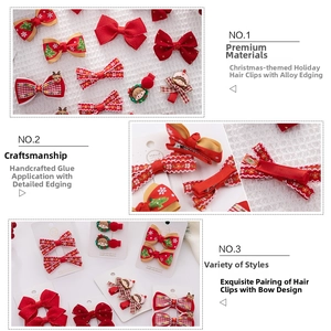 Detail of handmade Christmas bow hair clips with reindeer and festive fabric texture