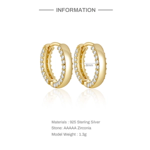Detail view of 925 sterling silver hoop earrings with 8mm inner diameter and 5A zircon stones