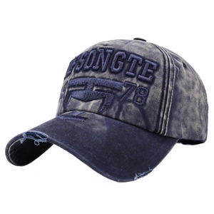 Distressed vintage navy denim baseball cap with 3D embroidery and frayed edge details