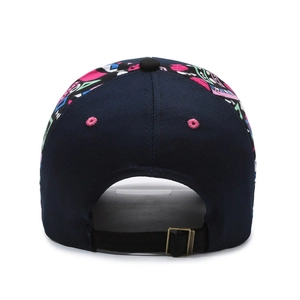 Navy blue baseball cap featuring colorful graffiti print and adjustable metal strap buckle